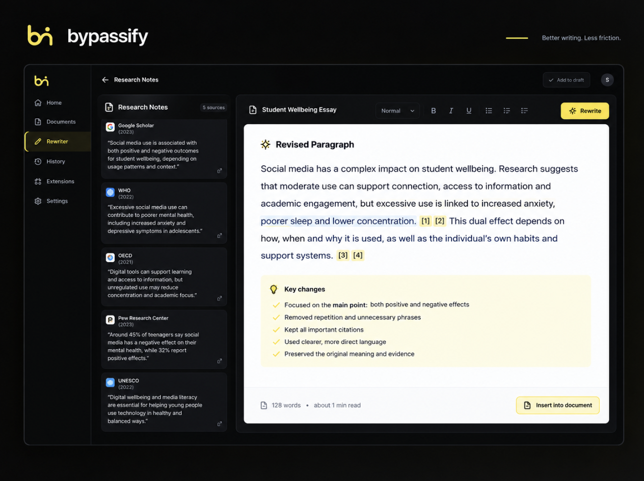 A Bypassify editor screenshot shows scattered research notes beside a revised paragraph with a clear main point and preserved citations.