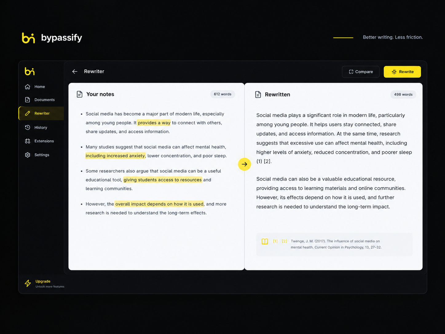 A Bypassify editor screenshot shows a rough paragraph built from research notes beside a clearer revision with its citation preserved.