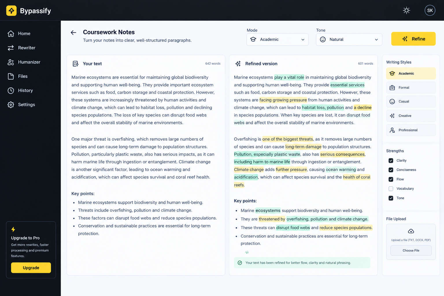 Screenshot of the Bypassify editor displaying coursework notes alongside refined paragraphs with natural phrasing.